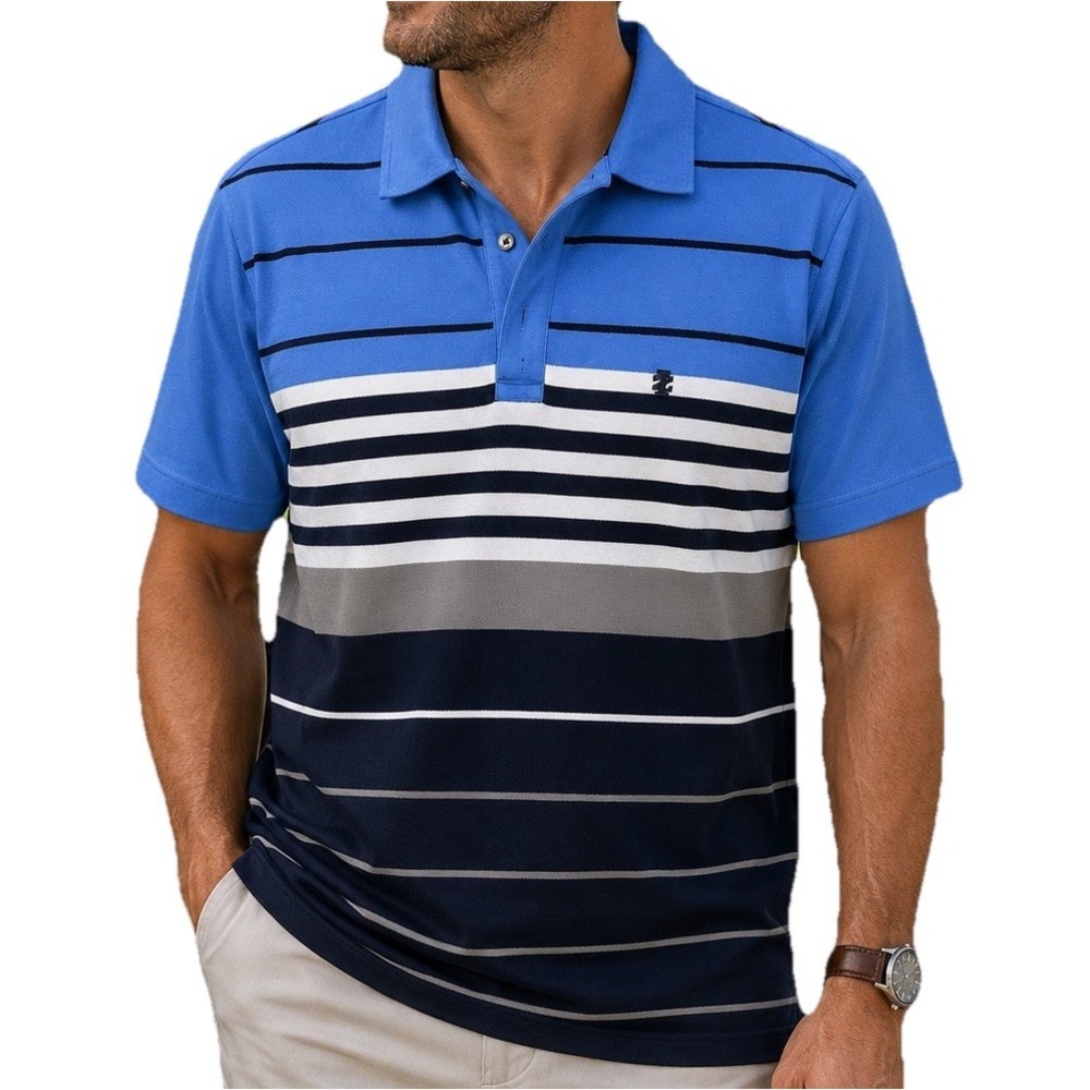 Vintage IZOD Polo Shirt Mens Large Blue Gray Striped Cotton Golf Casual L